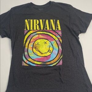 NIRVANA Black Tee with Yellow & Multicolor Tie-Dye Smiley